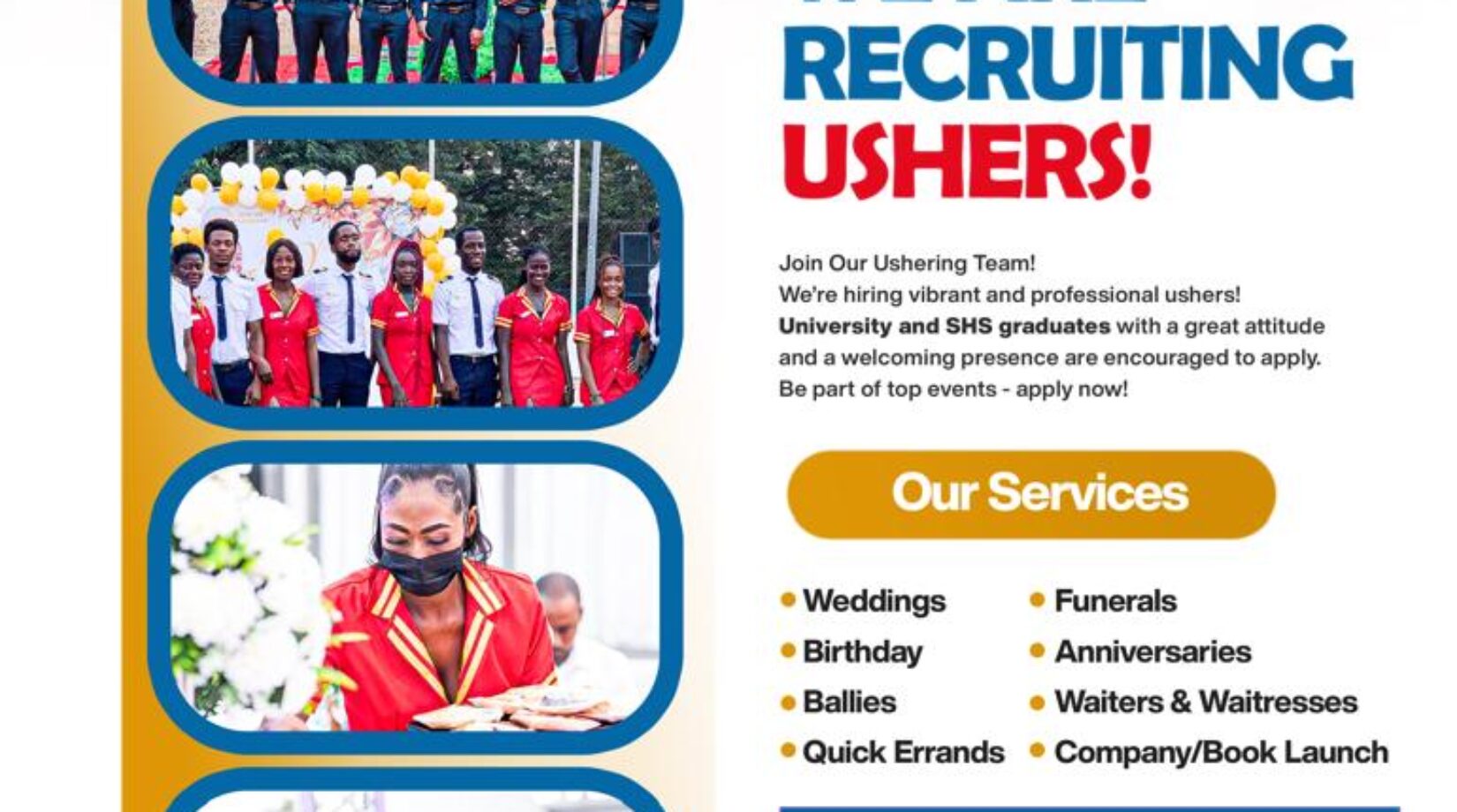 AE Ushering Agency CEO announces big recruitment of ushers…urges university & SHS graduates to apply