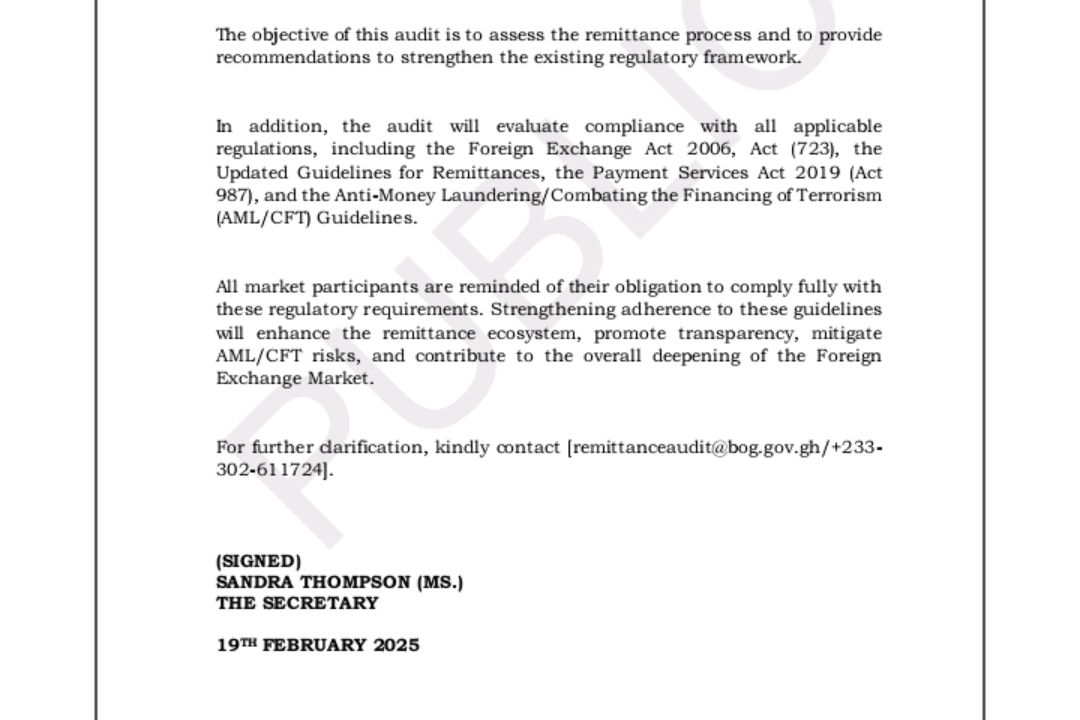 BOG publishes notice on Audit of Remittance activities for 4th quarter of 2024