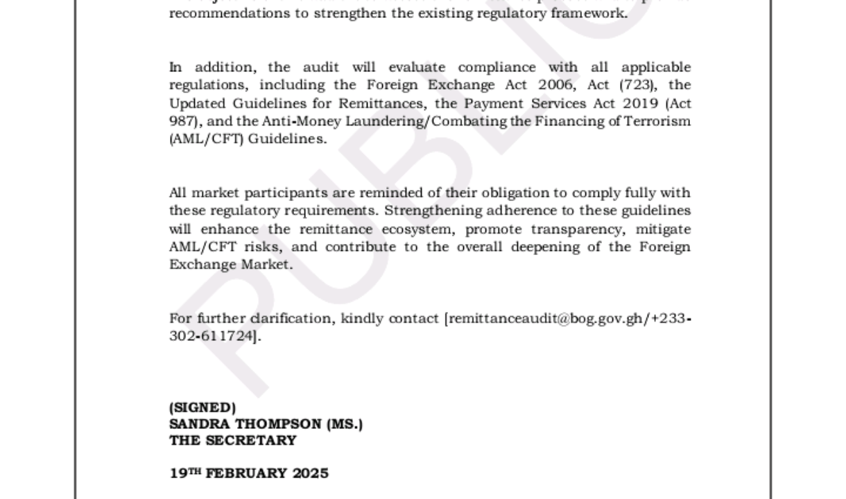 BOG publishes notice on Audit of Remittance activities for 4th quarter of 2024