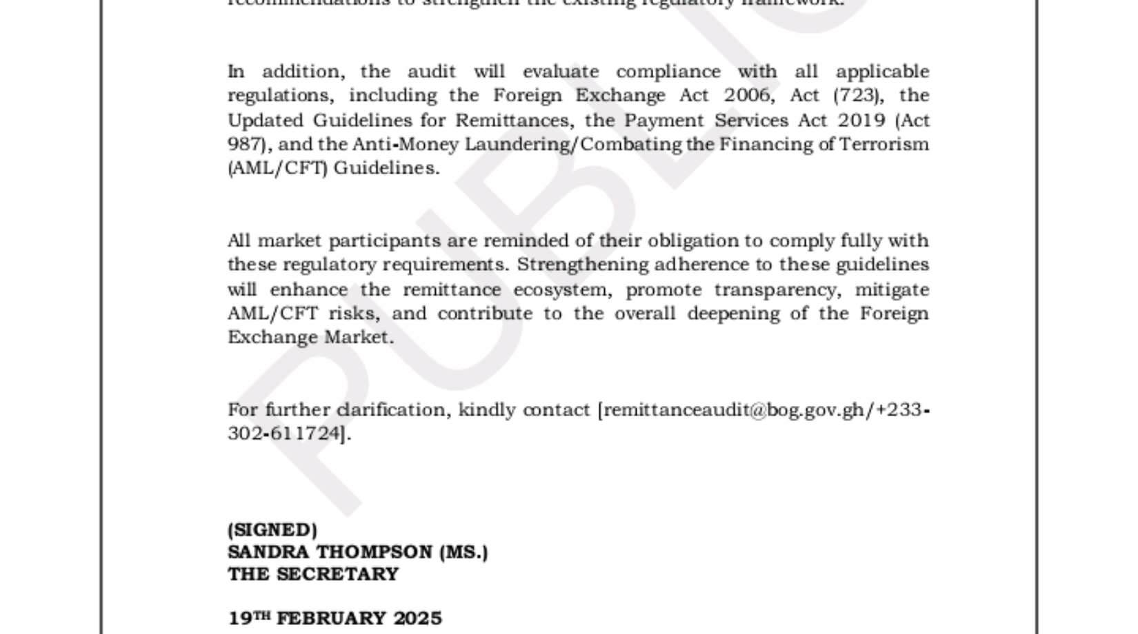 BOG publishes notice on Audit of Remittance activities for 4th quarter of 2024