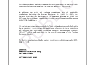 BOG publishes notice on Audit of Remittance activities for 4th quarter of 2024