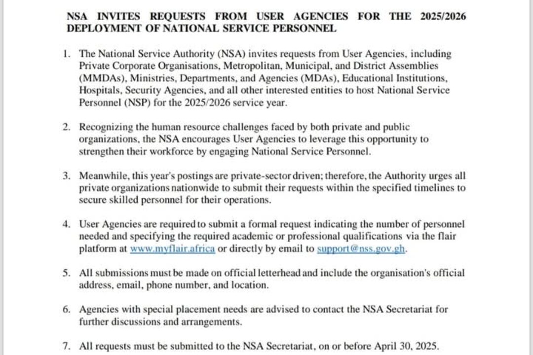 NSA INVITES REQUESTS FROM USER AGENCIES FOR 2025/2026 DEPLOYMENT OF NATIONAL SERVICE PERSONNEL