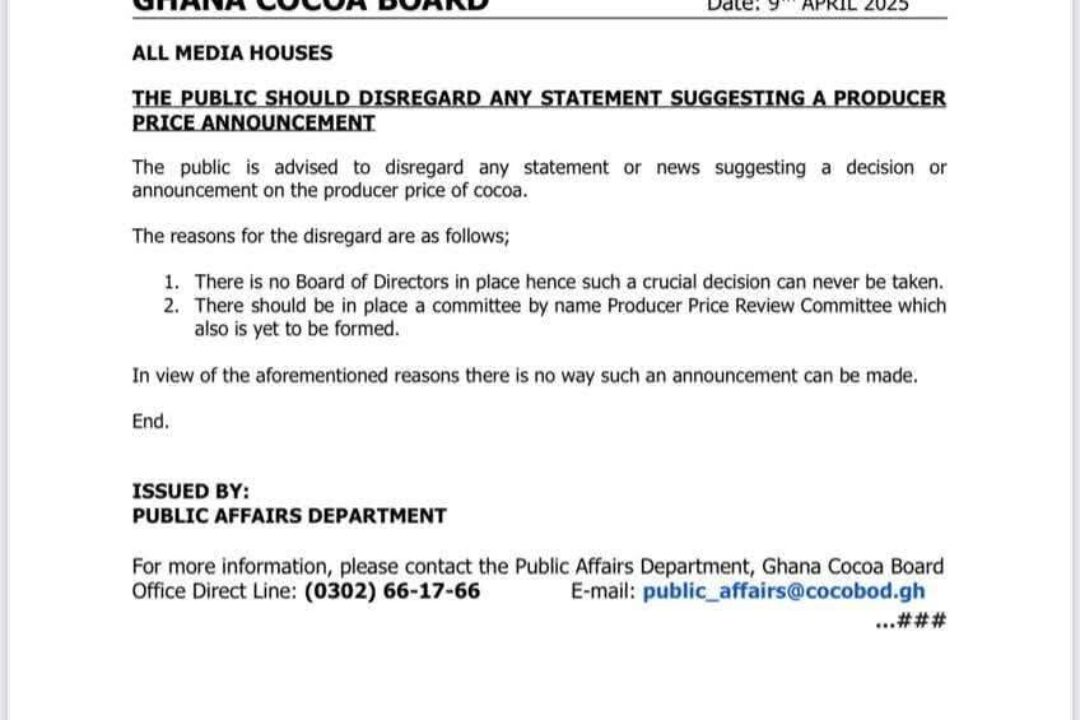 Disregard statement suggesting announcement of new producer pricce-Ghana Cocoa Board to Ghanaians