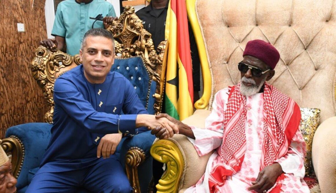 Ibrahim Misto, Chief Digital Officer of MTN Ghana shaking hands with the National Chief Imam Sheikh Osmanu Nuhu Sharubutu