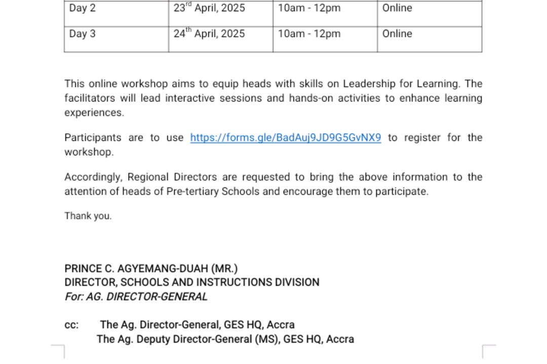 ONLINE WORKSHOP FOR HEADS OF PRE-TERTIARY SCHOOLS (UPDATED)