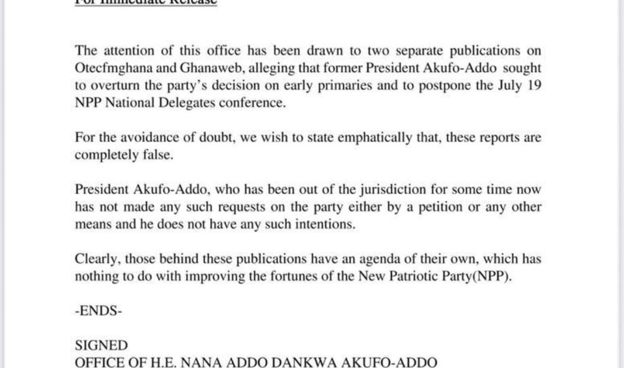 Akufo-Addo denies reports of attempting to influence upcoming NPP Delegates Conference