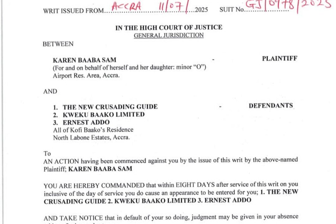 Baaba Sam files violation of child rights, defamation action against Kwaku Baako Jr & Crusading Guide