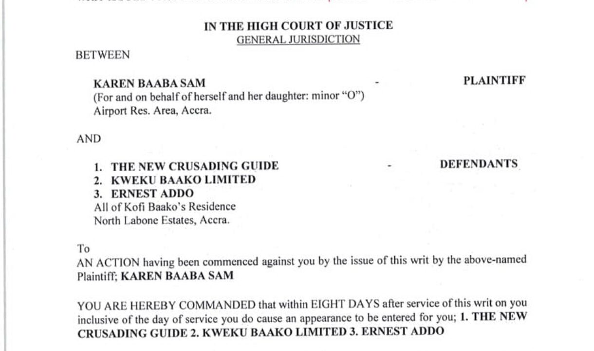 Baaba Sam files violation of child rights, defamation action against Kwaku Baako Jr & Crusading Guide