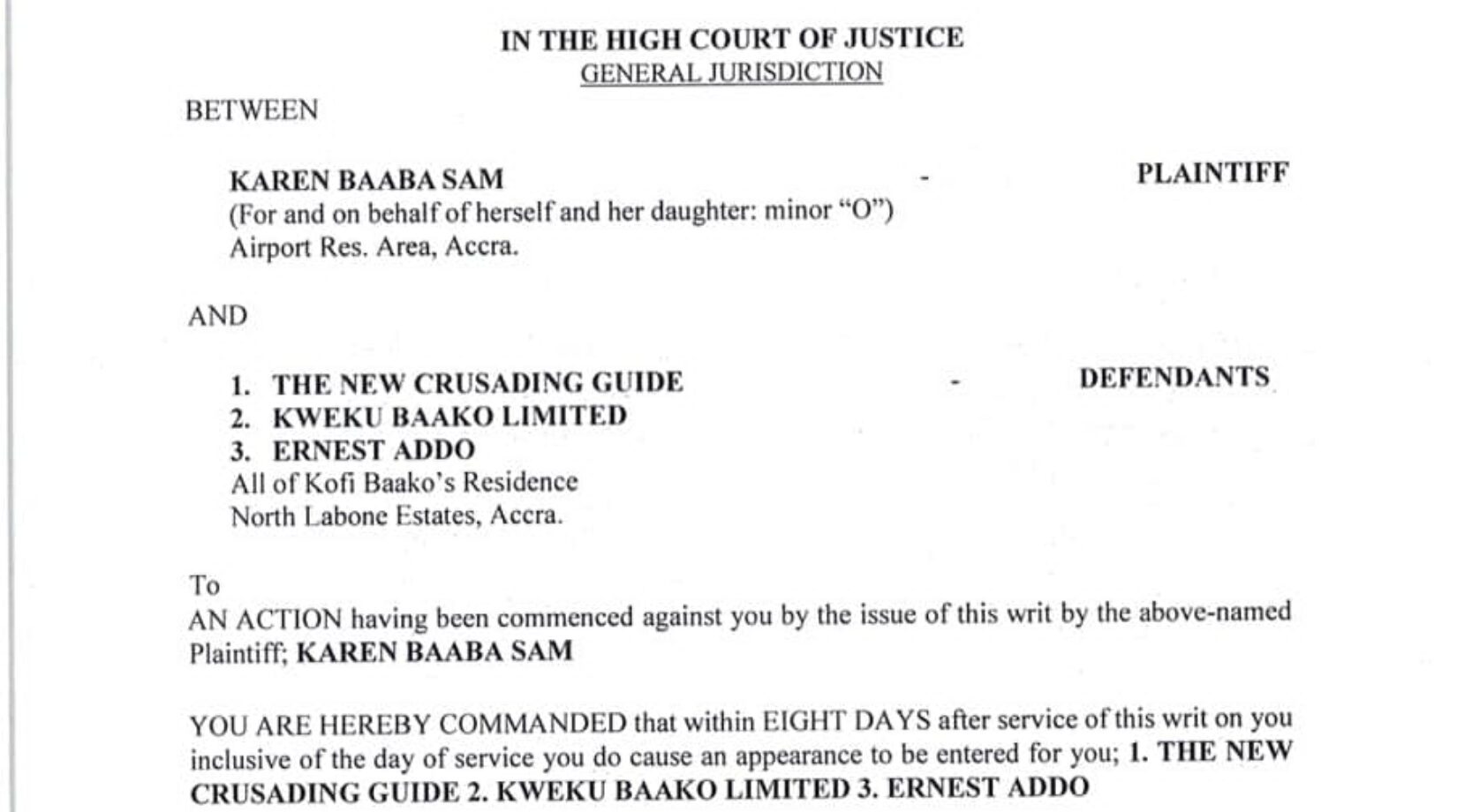 Baaba Sam files violation of child rights, defamation action against Kwaku Baako Jr & Crusading Guide