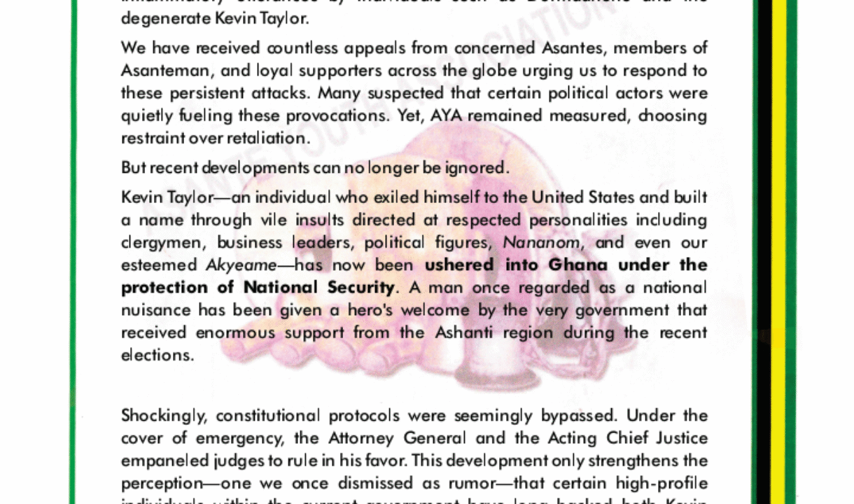 Asante Youth Association takes on NDC Govt for allegedly supporting Kevin Taylor’s insult on Otumfuo’s linguist