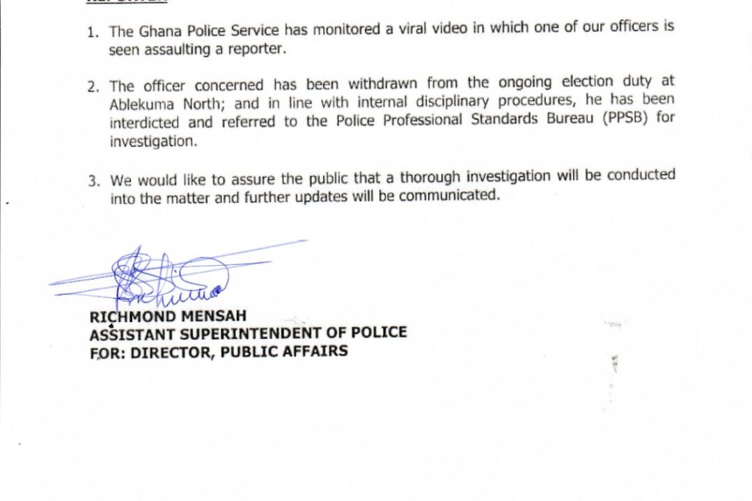 Just in:Police interdict Officer seen in viral video assaulting GHOne Tv reporter
