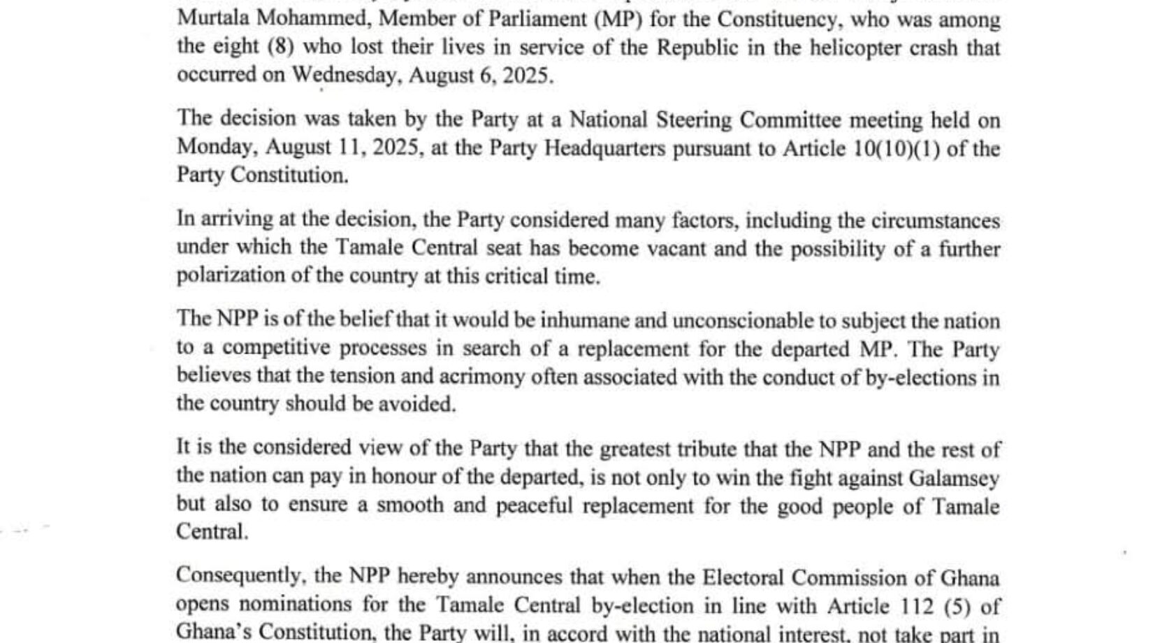 NPP withdraws from Tamale Central by-election