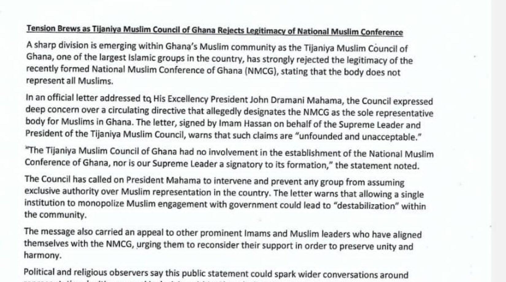 Tension brews as Tijjanniya Muslim Council rejects legitimacy of National Muslim Conference