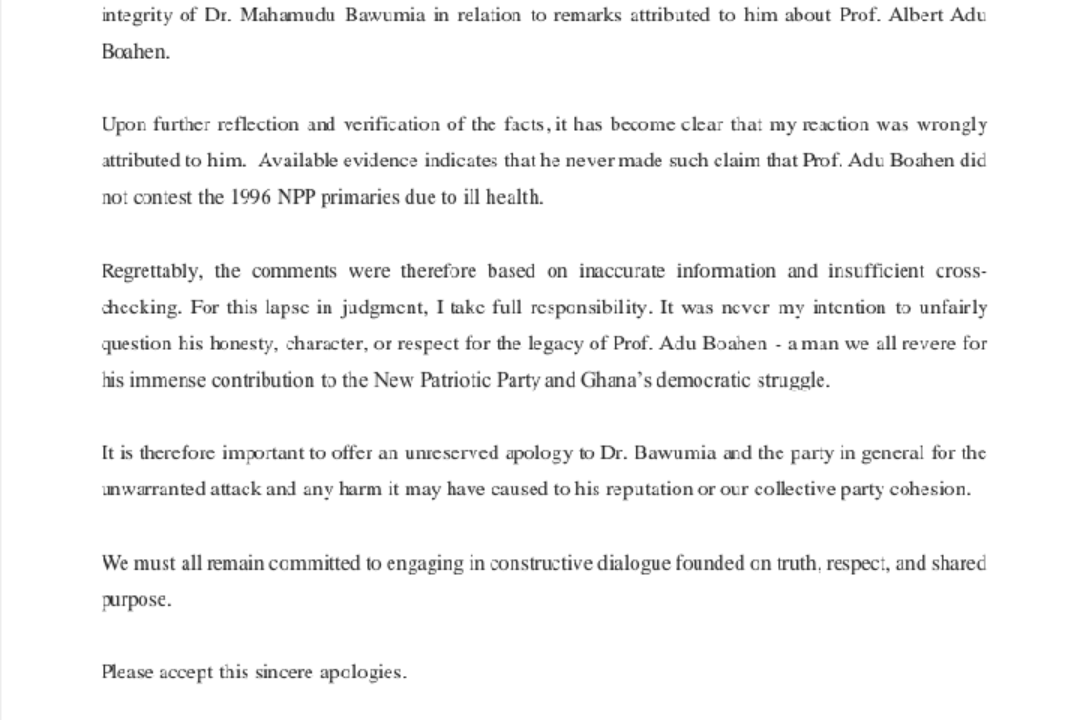 APOLOGY TO DR. MAHAMUDU BAWUMIA AND THE NEW PATRIOTIC PARTY