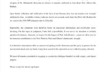 APOLOGY TO DR. MAHAMUDU BAWUMIA AND THE NEW PATRIOTIC PARTY