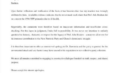 APOLOGY TO DR. MAHAMUDU BAWUMIA AND THE NEW PATRIOTIC PARTY