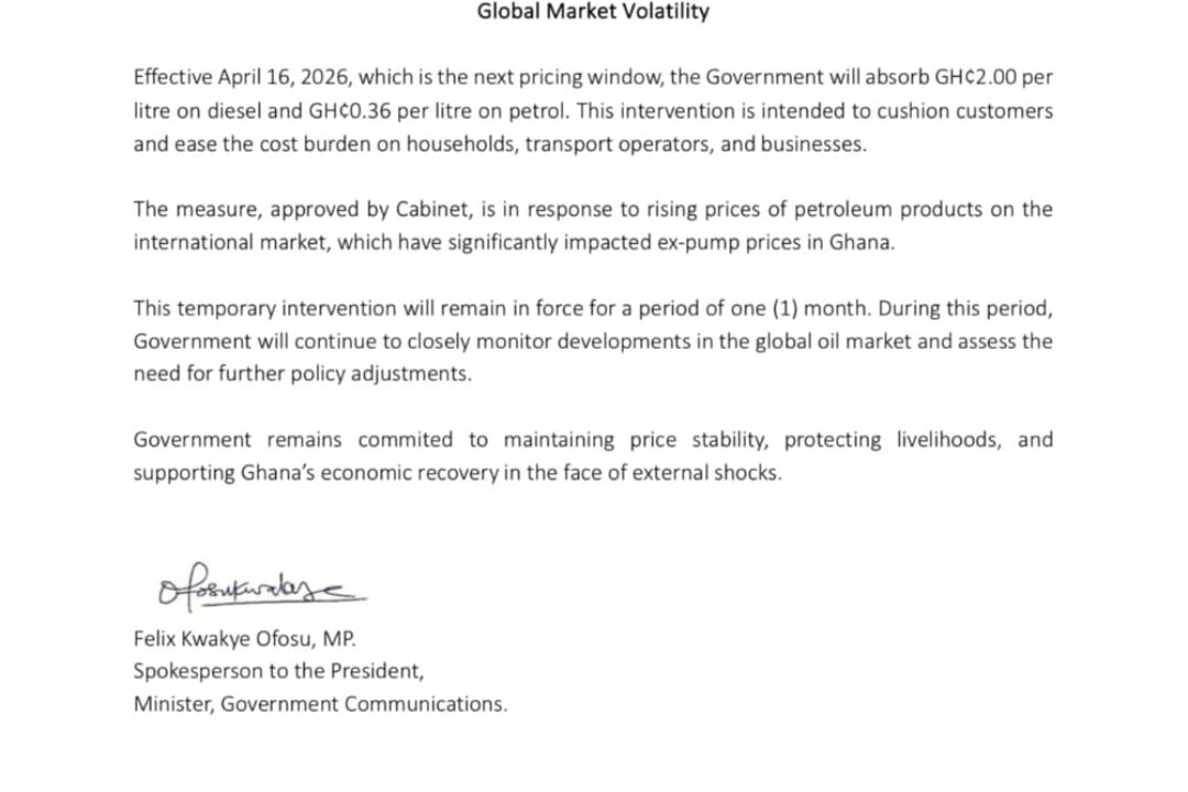 Govt absorbs GH¢2 per litre on diesel & GH¢0.36 per litre on petrol for one month.