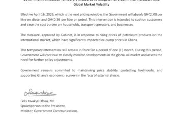 Govt absorbs GH¢2 per litre on diesel & GH¢0.36 per litre on petrol for one month.
