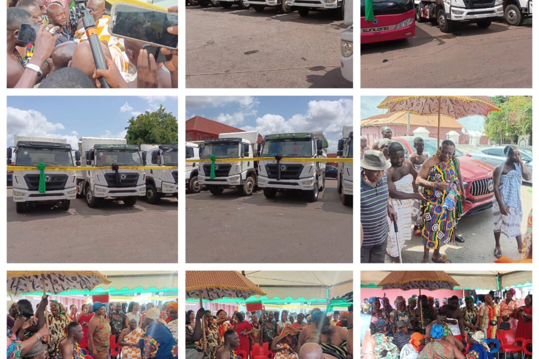 Big joy at Agric Nzema…as Nana Nkansah Boadu Ayeboafo donates 11 tipper trucks & 2 buses to sub-chiefs to celebrate Otumfuo’s 75th birthday