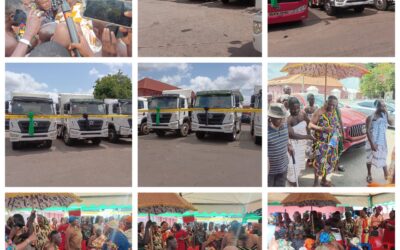 Big joy at Agric Nzema…as Nana Nkansah Boadu Ayeboafo donates 11 tipper trucks & 2 buses to sub-chiefs to celebrate Otumfuo’s 75th birthday