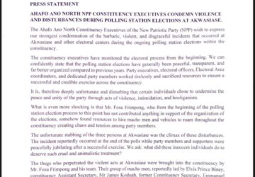 Ahafo Ano North NPP executives condemn violent disturbances during polling station elections at Akwasiase…