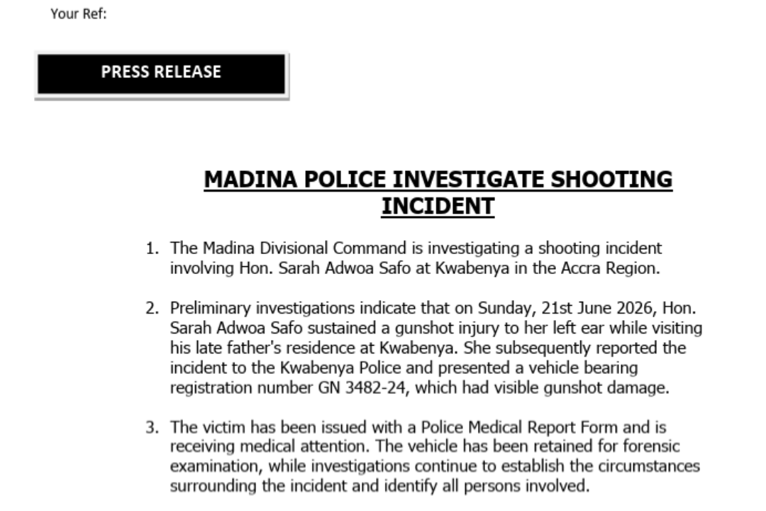 Dome-Kwabenya:Police investigates shooting incident involving Adwoa Safo