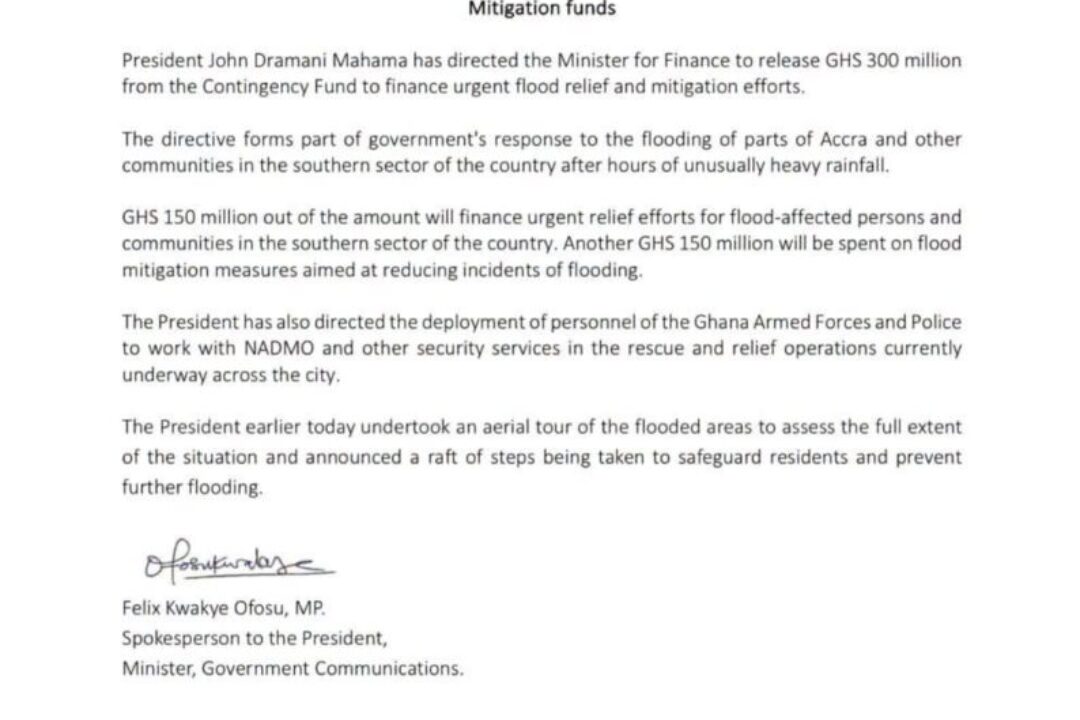 Pres.Mahama directs release of GH¢300m for flood relief and mitigation