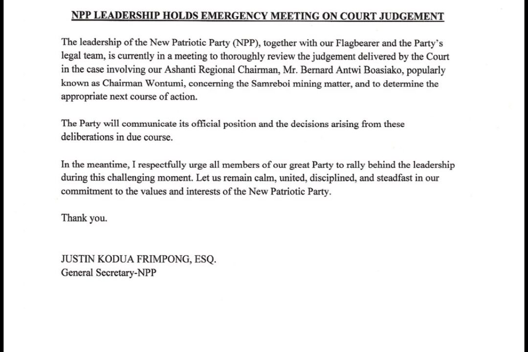 NPP LEADERSHIP HOLDS EMERGENCY MEETING ON COURT JUDGEMENT