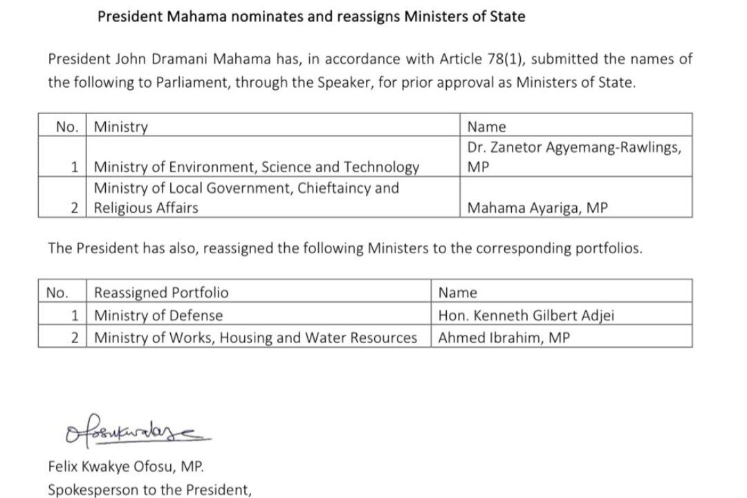 Mahama’s mini-reshuffle: Zanetor Rawlings,Kenneth Gilbert Adjei & Ayariga named as Environment,Defence & Chieftaincy Ministers