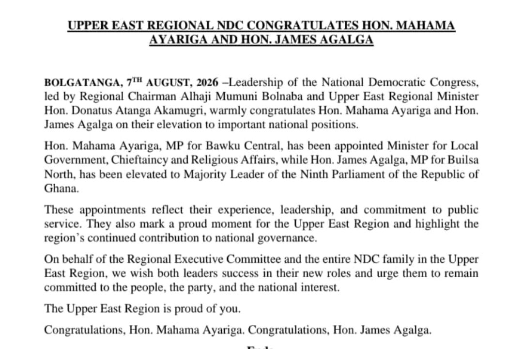 NDC UPPER EAST REGION CONGRATULATES MAHAMA AYARIGA & JAMES AGALGA ON THEIR APPOINTMENTS