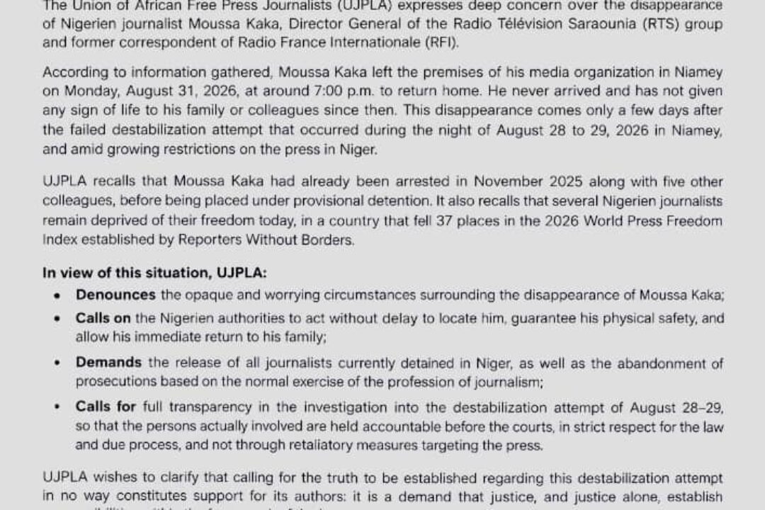 Niger:UJPLA demands the location & release of Moussa Kaka & all detained journalists